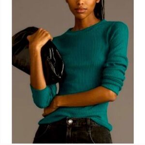 Anthropologie Pilcro Texture Ribbed Long-Sleeve Emerald Green Top NEW W2051 Sz L
